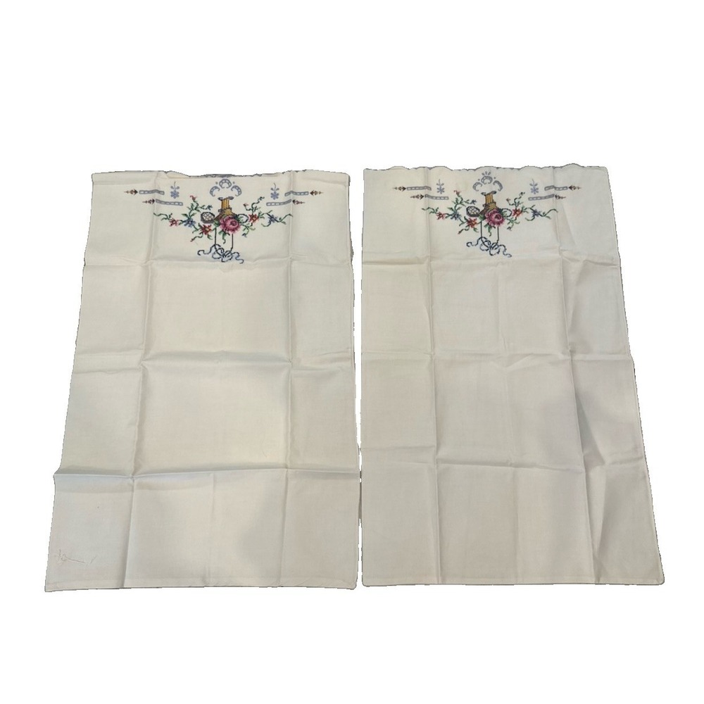 New Vtg Pair Machine Embroidered Cross Stitch Pillowcases Floral Basket Blue 32"